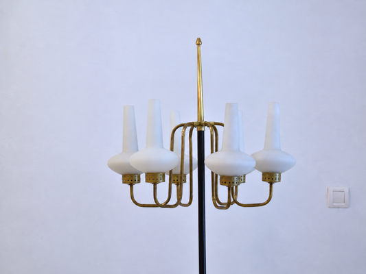 Lampadaire à six lumières en laiton et verre opalin, années 1950 – vue 8