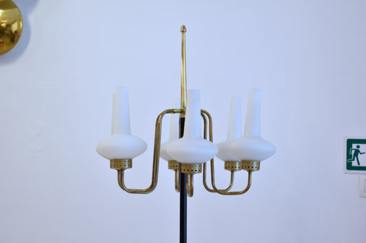 Lampadaire vintage à six lumières en laiton et verre opalin, Italie, 1950s
