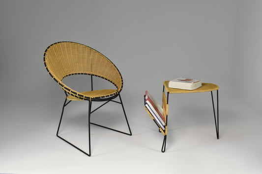 1950's French Rattan Chair and Table with Magazine Rack Set Raoul Guys - Spirit Gallery