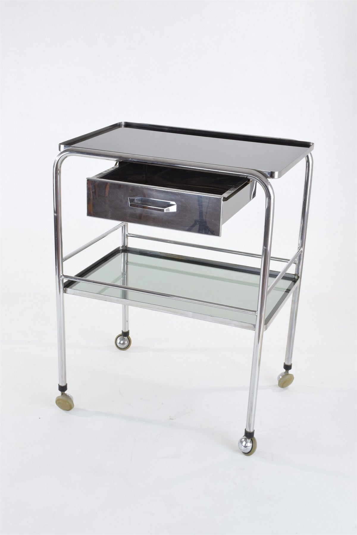 Medical Cart with Glass Shelves and Rollers, 1960's - Spirit Gallery