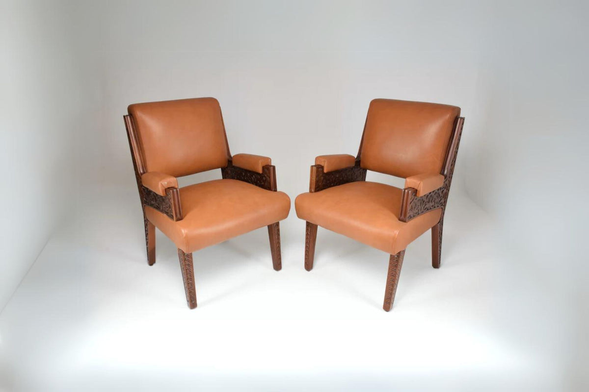 Shop 1950's Two Collectible Oriental Art Deco Style Sculpted Armchairs - Spirit Gallery Vintage Furniture