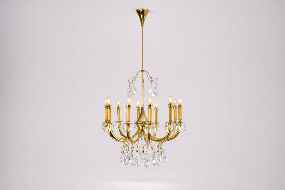 Shop 1950s Italian Brass & Crystal 10‑Light Chandelier by Lumi - Spirit Gallery Vintage Furniture