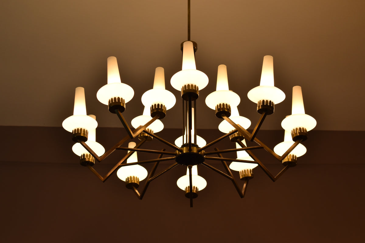 Shop 1950s Italian Mid-Century Modern 15-Light Brass & Glass Chandelier, Attributed to Stilnovo - Spirit Gallery Vintage Furniture