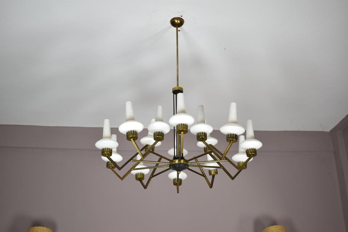 Shop 1950s Italian Mid-Century Modern 15-Light Brass & Glass Chandelier, Attributed to Stilnovo - Spirit Gallery Vintage Furniture