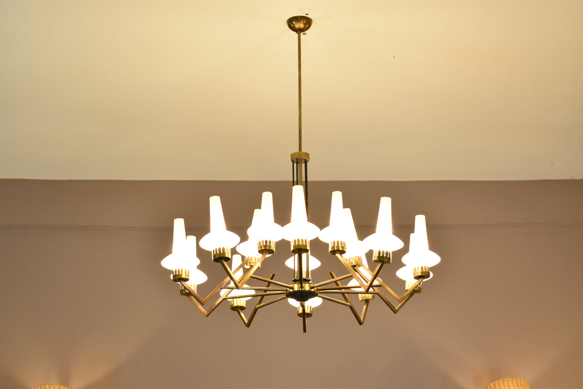 Shop 1950s Italian Mid-Century Modern 15-Light Brass & Glass Chandelier, Attributed to Stilnovo - Spirit Gallery Vintage Furniture