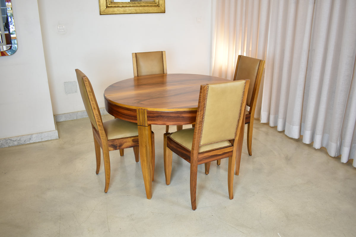 Shop Extendable Dining Table and Set of 8 Walnut & Leather Chairs by André Sornay, France, 1930s - Spirit Gallery Vintage Furniture