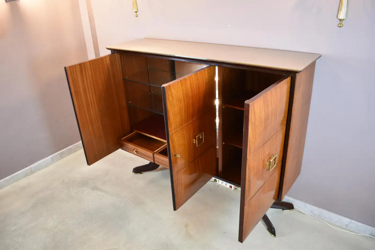 Vintage Italian Walnut and Brass Bar Cabinet Attributed to Paolo Buffa, 1940s