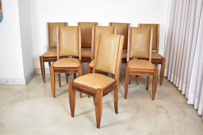 Shop Extendable Dining Table and Set of 8 Walnut & Leather Chairs by André Sornay, France, 1930s - Spirit Gallery Vintage Furniture