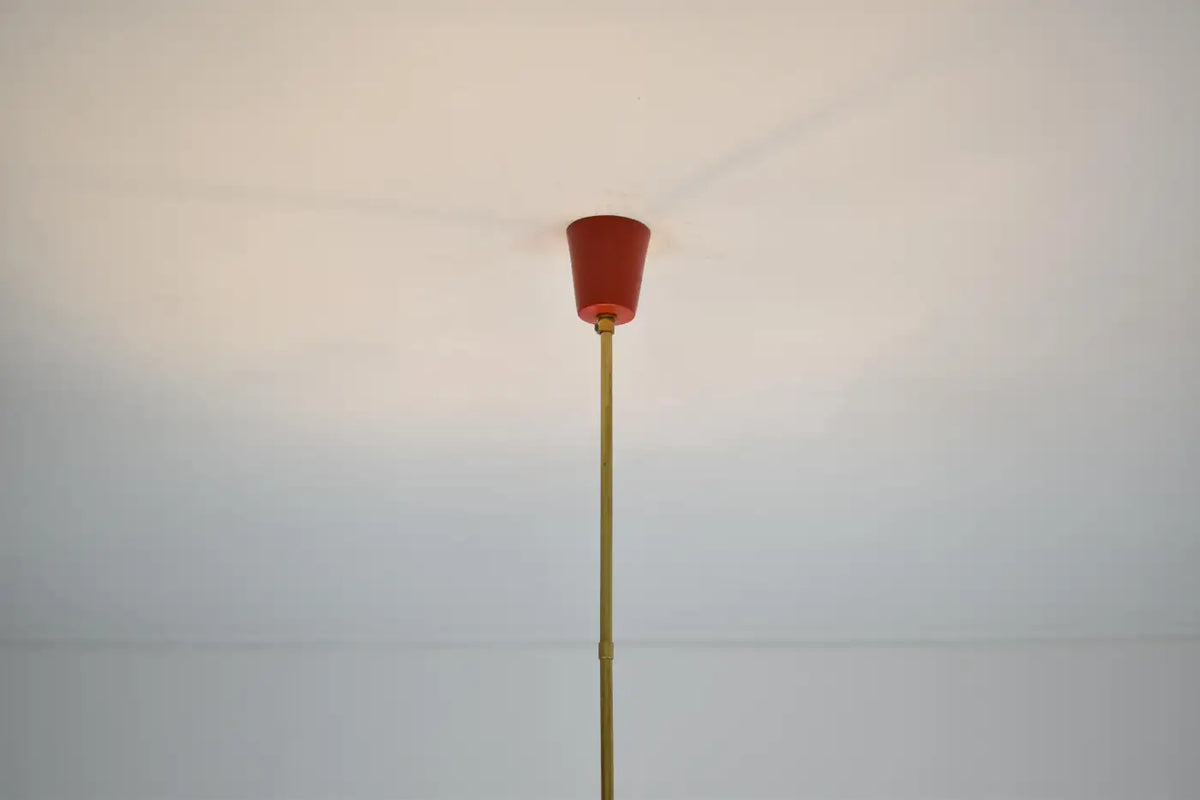 Shop 1950s Stilnovo-Style Pendant in Brass, Red Lacquer & Opaline Glass - Spirit Gallery Vintage Furniture