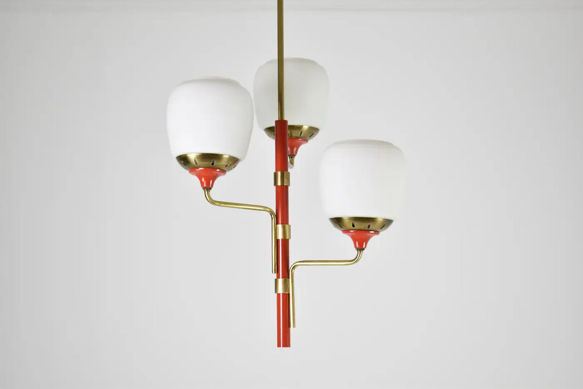 Shop 1950s Stilnovo-Style Pendant in Brass, Red Lacquer & Opaline Glass - Spirit Gallery Vintage Furniture