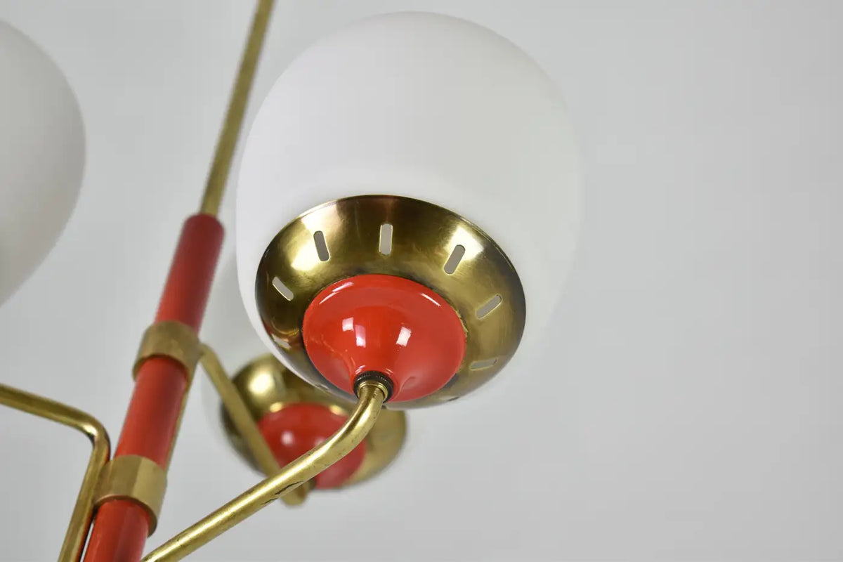Shop 1950s Stilnovo-Style Pendant in Brass, Red Lacquer & Opaline Glass - Spirit Gallery Vintage Furniture