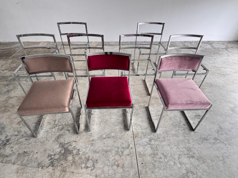 Shop Set of “SQ-AL” Dining Chairs by Willy Rizzo, Chrome and Velvet, Italy, 1970s - Spirit Gallery Vintage Furniture