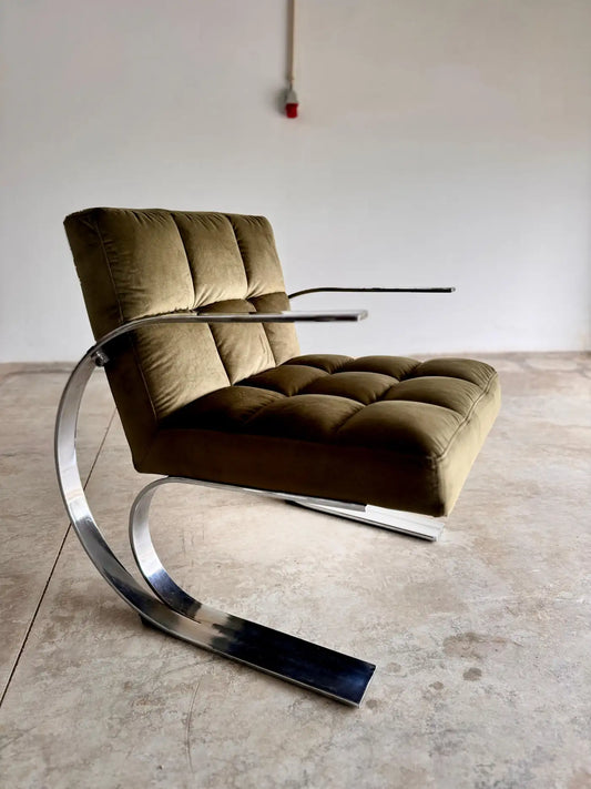 Shop Pair of Mid-Century French Chrome Lounge Chairs in Olive Velvet, 1970s - Spirit Gallery Vintage Furniture