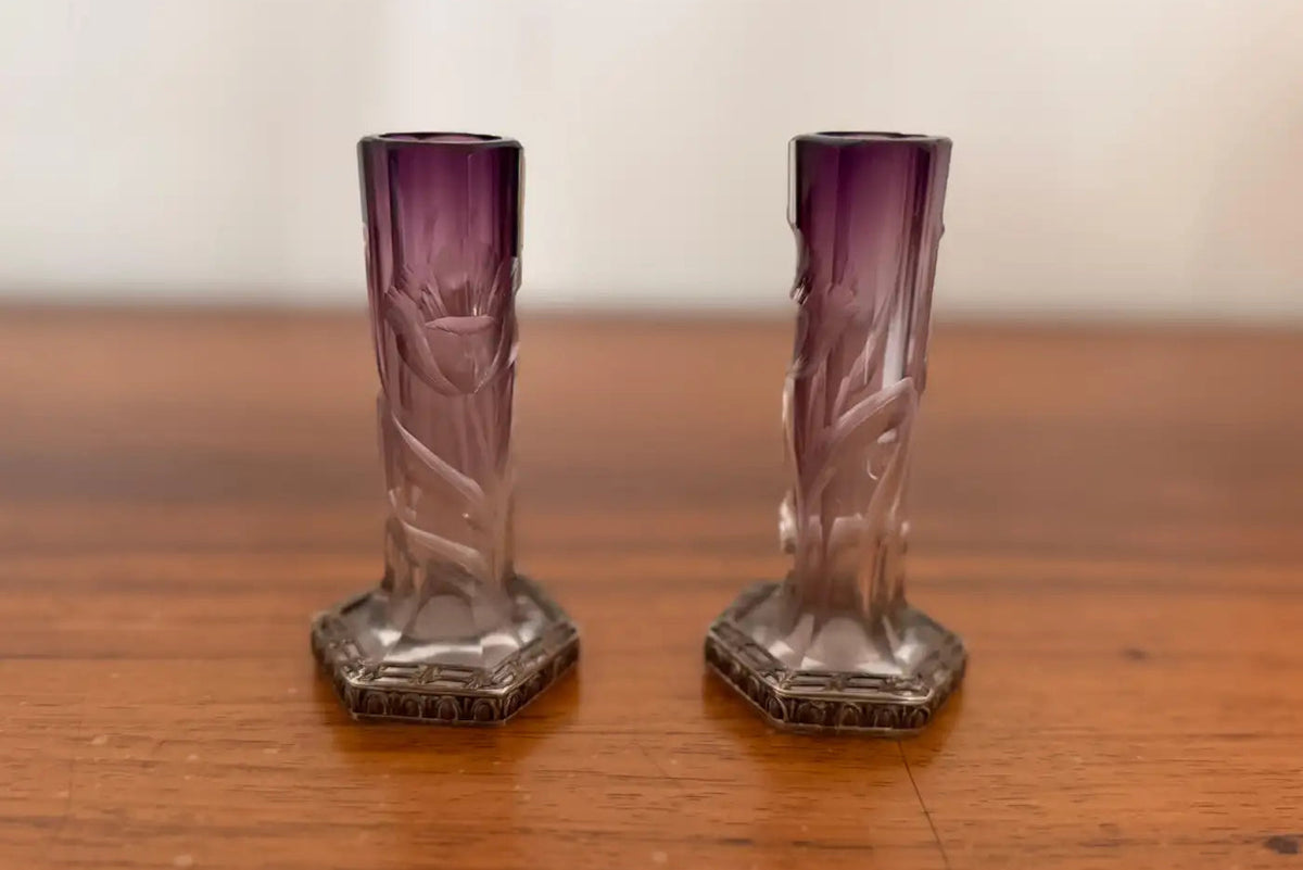 Paire de vases vintage Art Nouveau en cristal taillé de Moser