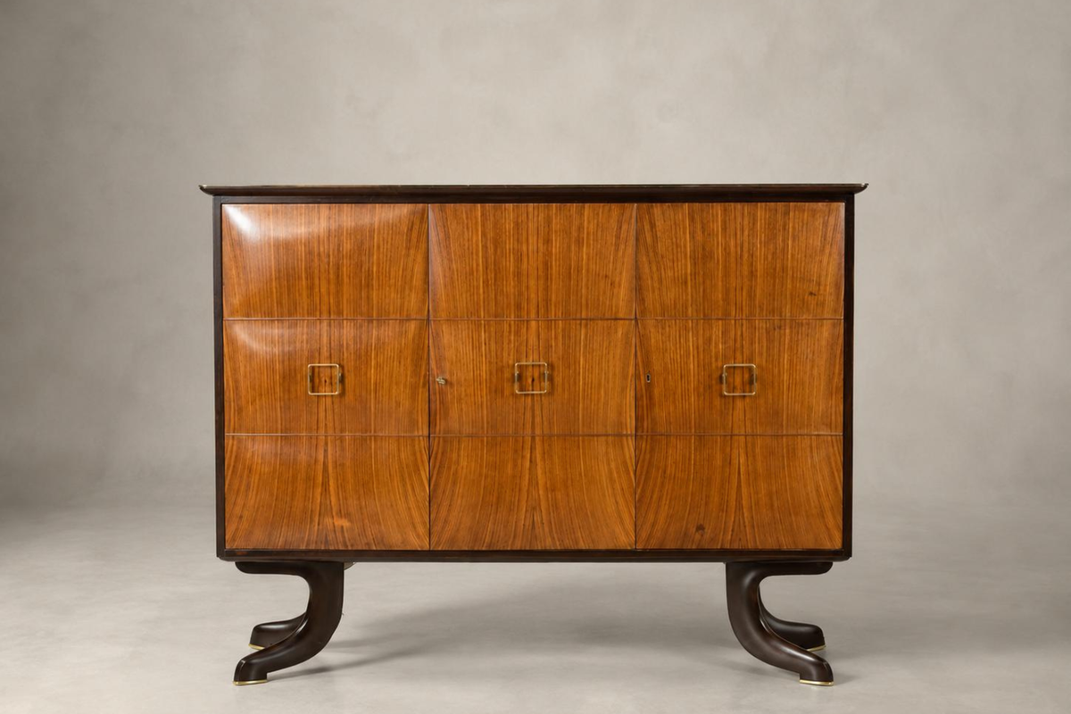 1940s Italian Walnut & Brass Bar Cabinet Attributed to Paolo Buffa