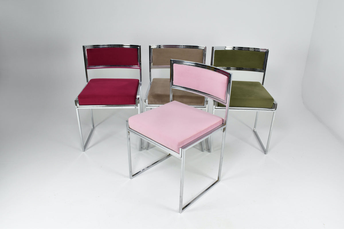 Shop Italian Set of 4 Chrome & Velvet "SQ-AL" Dining Chairs by Willy Rizzo, 1970s - Spirit Gallery Vintage Furniture