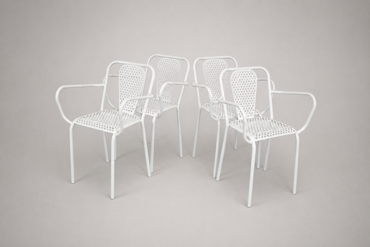 Shop Set of Four René Malaval Garden Chairs, White Lacquered Metal, France, 1950s–60s - Spirit Gallery Vintage Furniture