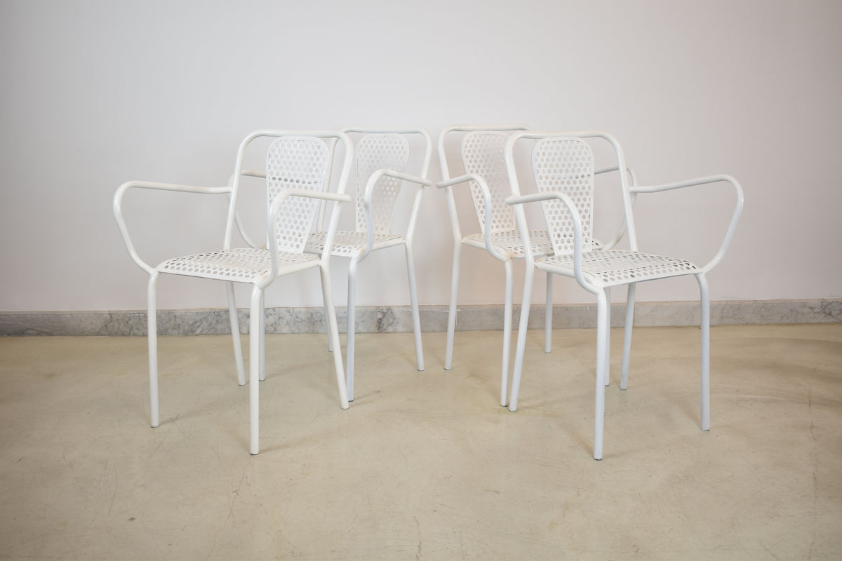 Shop Set of Four René Malaval Garden Chairs, White Lacquered Metal, France, 1950s–60s - Spirit Gallery Vintage Furniture
