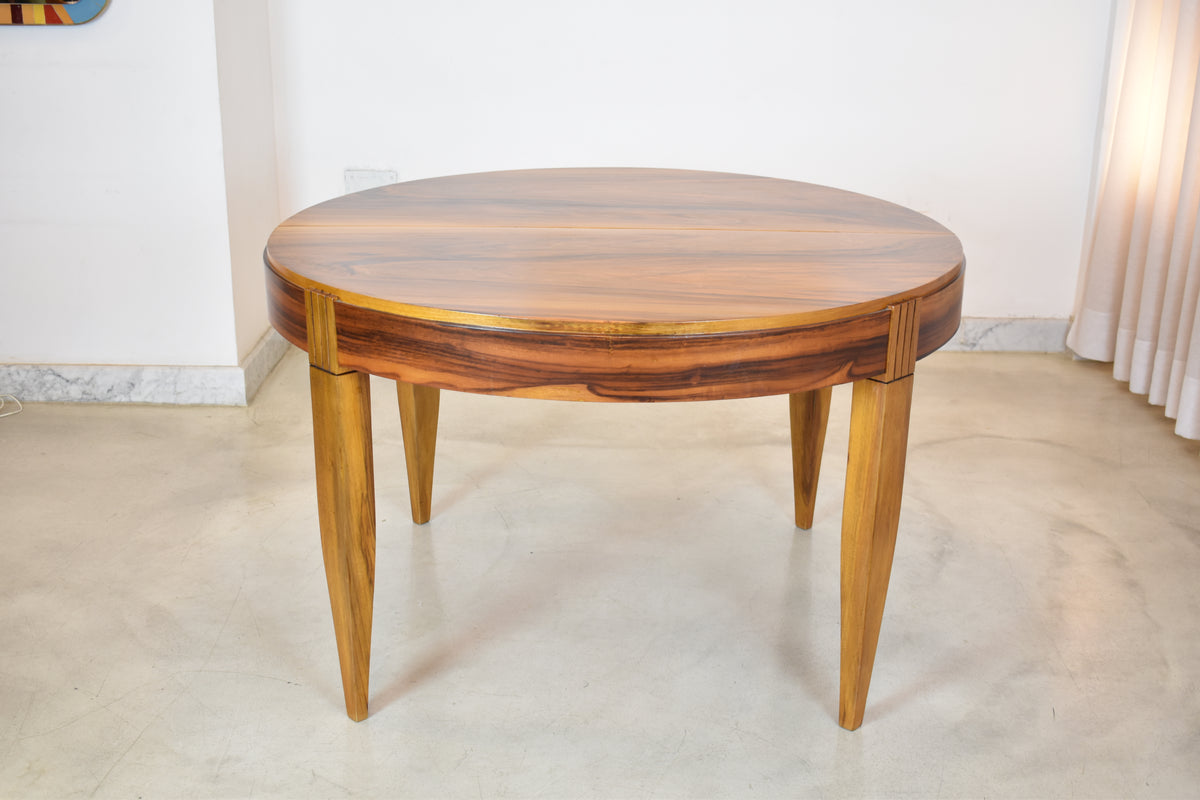 Shop Extendable Dining Table and Set of 8 Walnut & Leather Chairs by André Sornay, France, 1930s - Spirit Gallery Vintage Furniture
