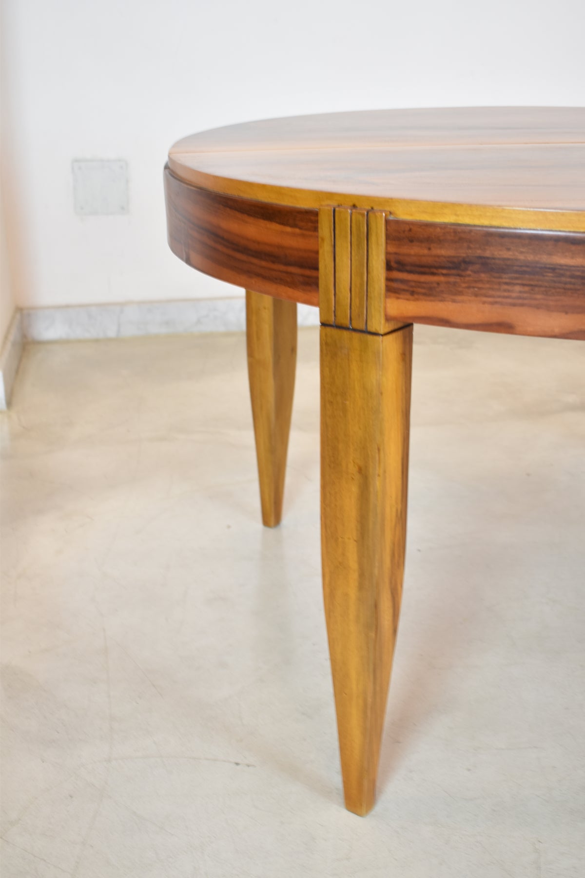 Shop Extendable Dining Table and Set of 8 Walnut & Leather Chairs by André Sornay, France, 1930s - Spirit Gallery Vintage Furniture