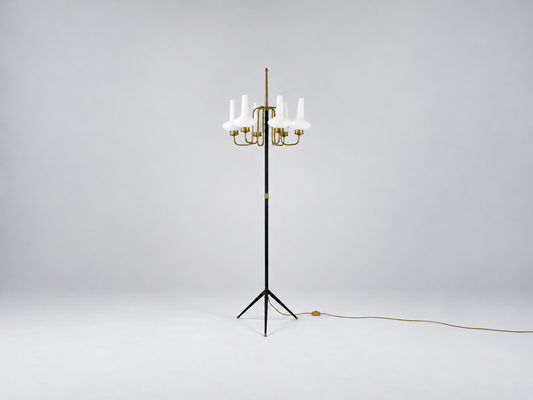 Lampadaire vintage à six lumières en laiton et verre opalin, Italie, 1950s