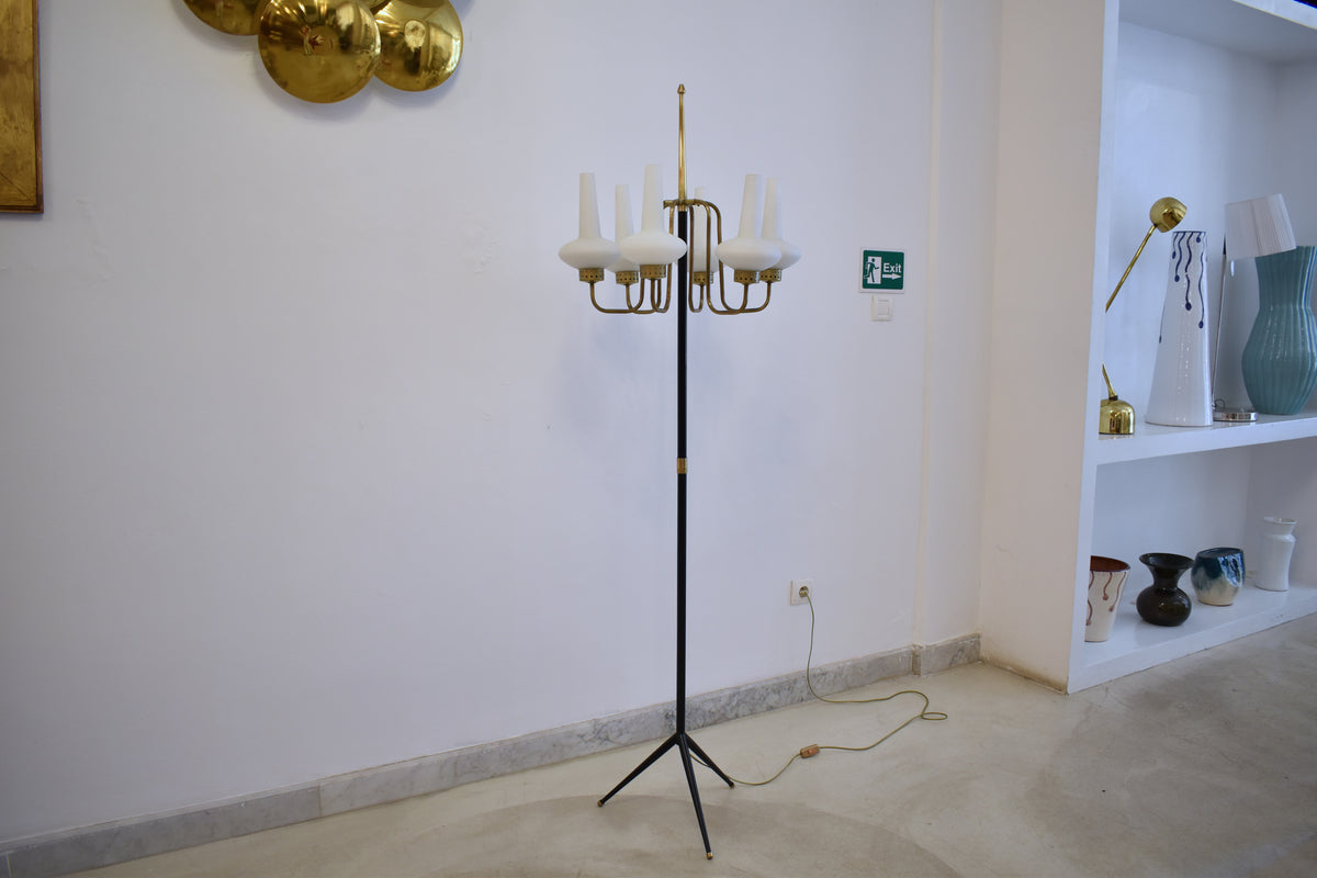 Vintage Italian Six-Light Brass and Opaline Glass Floor Lamp, 1950s