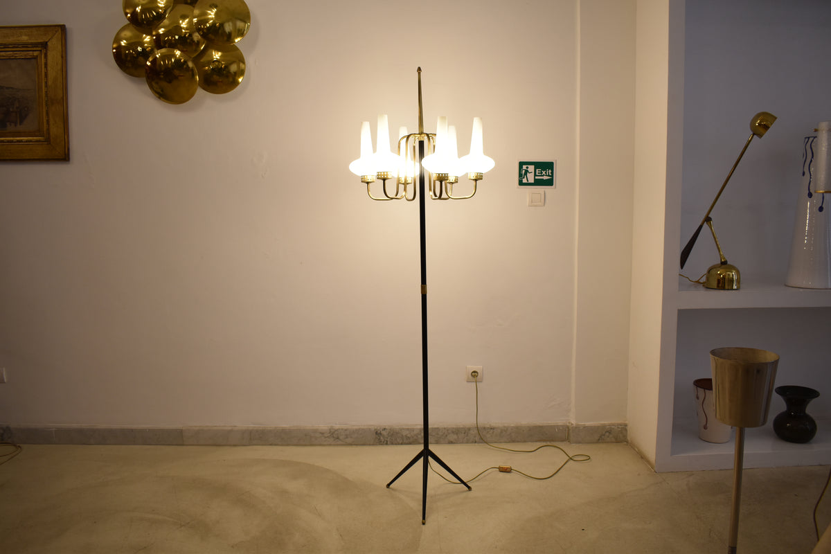 Vintage Italian Six-Light Brass and Opaline Glass Floor Lamp, 1950s