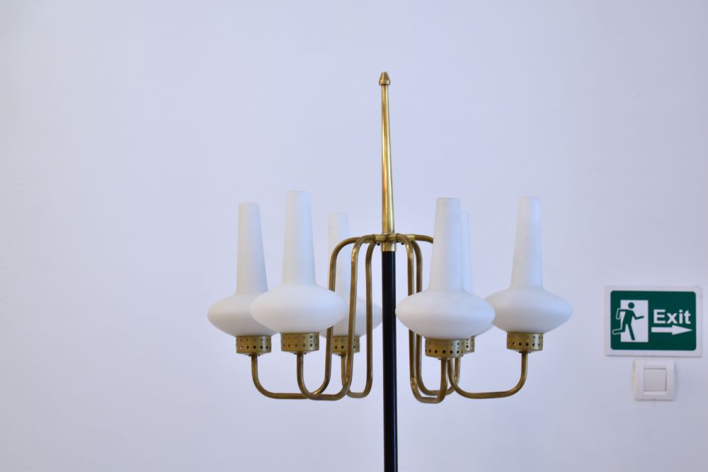 Vintage Italian Six-Light Brass and Opaline Glass Floor Lamp, 1950s