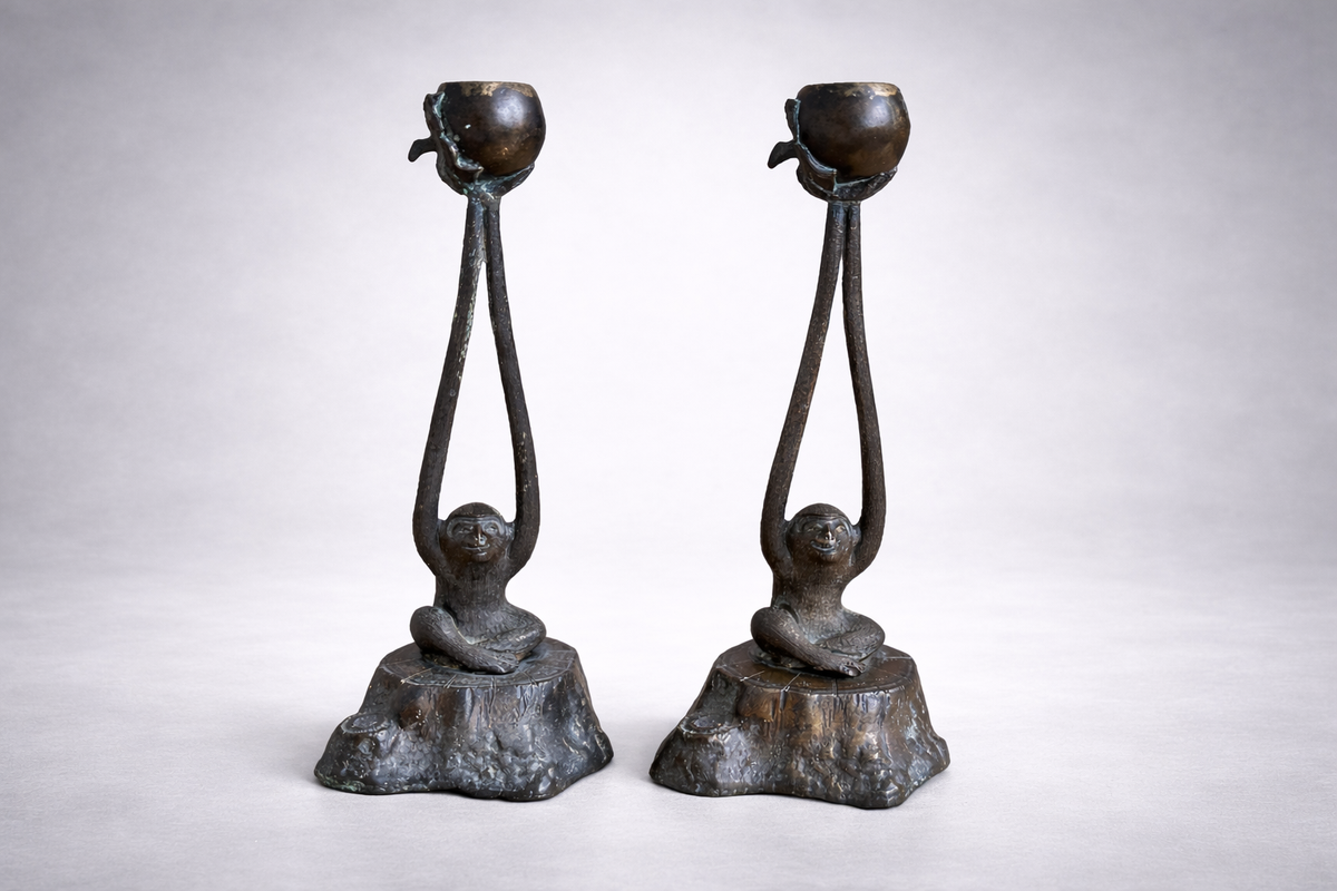 Pair of Patinated Bronze Monkey Candlesticks, c. 1950–70