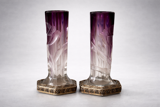 Pair of Art Nouveau Cut Crystal Vases Attributed to Moser, Early 20th Century