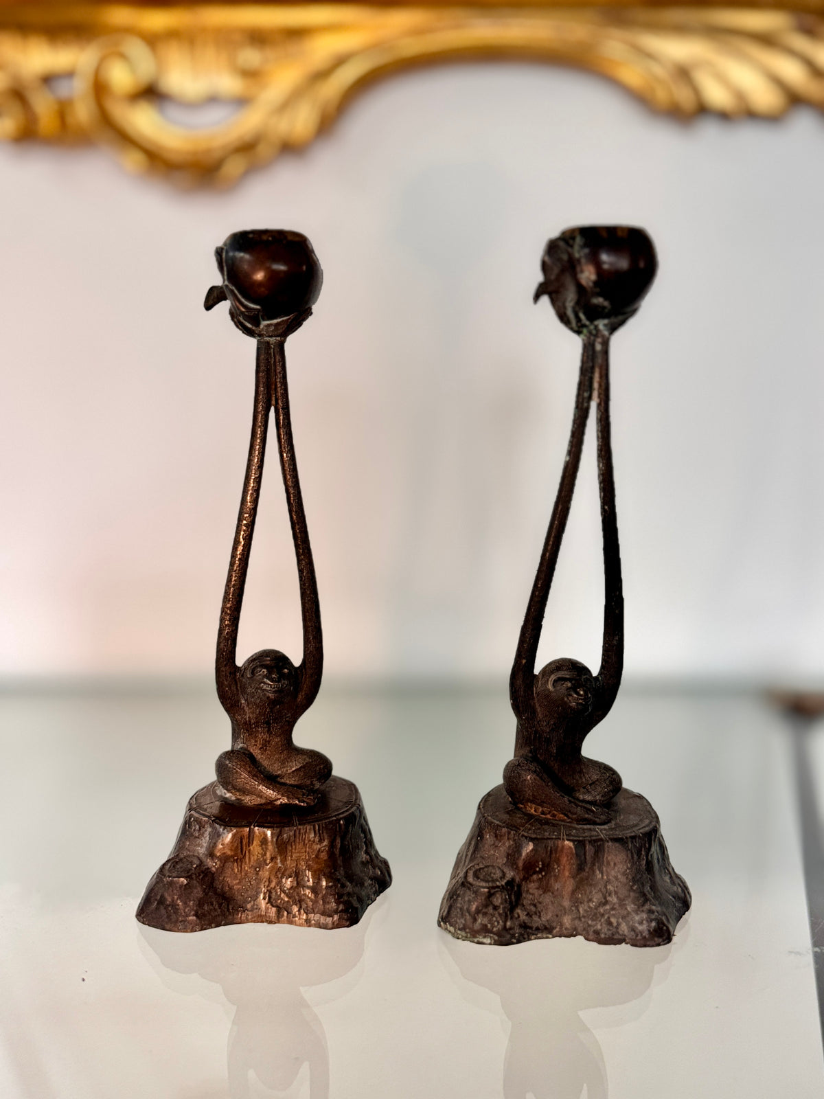 Pair of Patinated Bronze Monkey Candlesticks, c. 1950–70