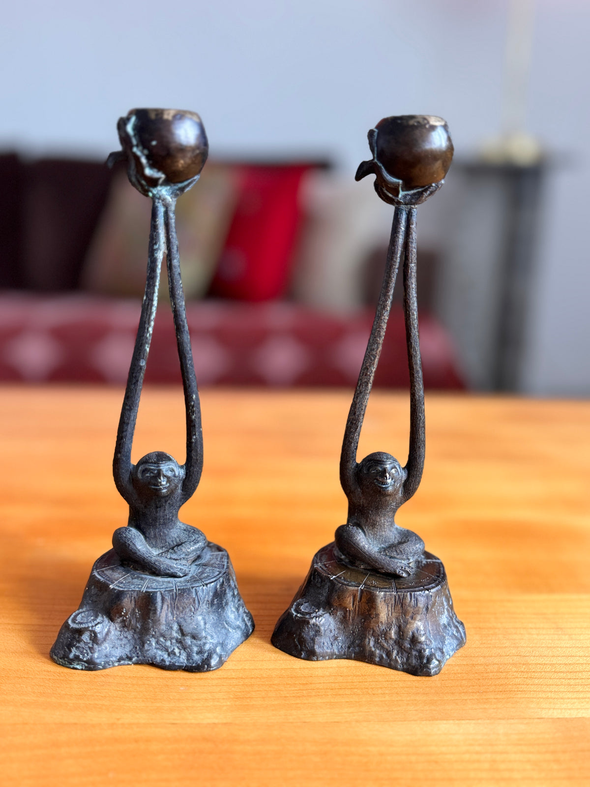 Pair of Patinated Bronze Monkey Candlesticks, c. 1950–70
