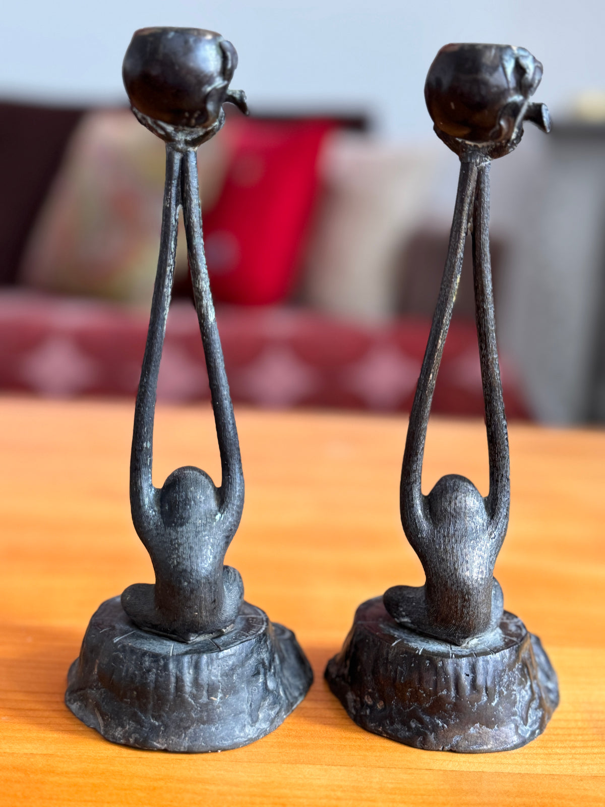 Pair of Patinated Bronze Monkey Candlesticks, c. 1950–70