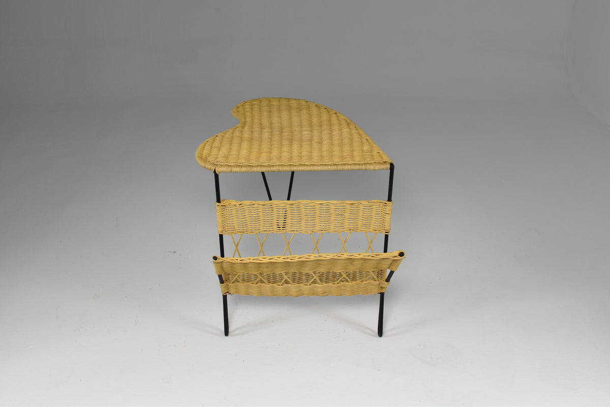 1950's French Rattan Chair and Table with Magazine Rack Set Raoul Guys - Spirit Gallery 