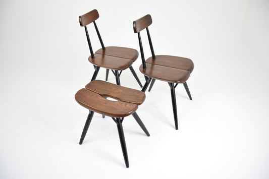 Pair of Pirkka Chairs with Rare Stool by Ilmari Tapiovaara for Laukaan Puu, Finland, 1955 - Spirit Gallery 