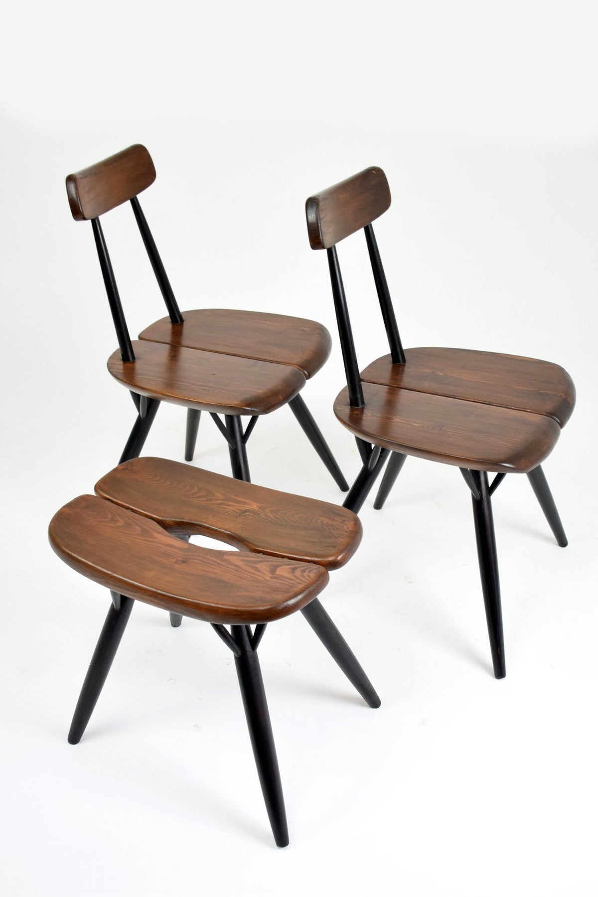 Pair of Pirkka Chairs with Rare Stool by Ilmari Tapiovaara for Laukaan Puu, Finland, 1955 - Spirit Gallery 