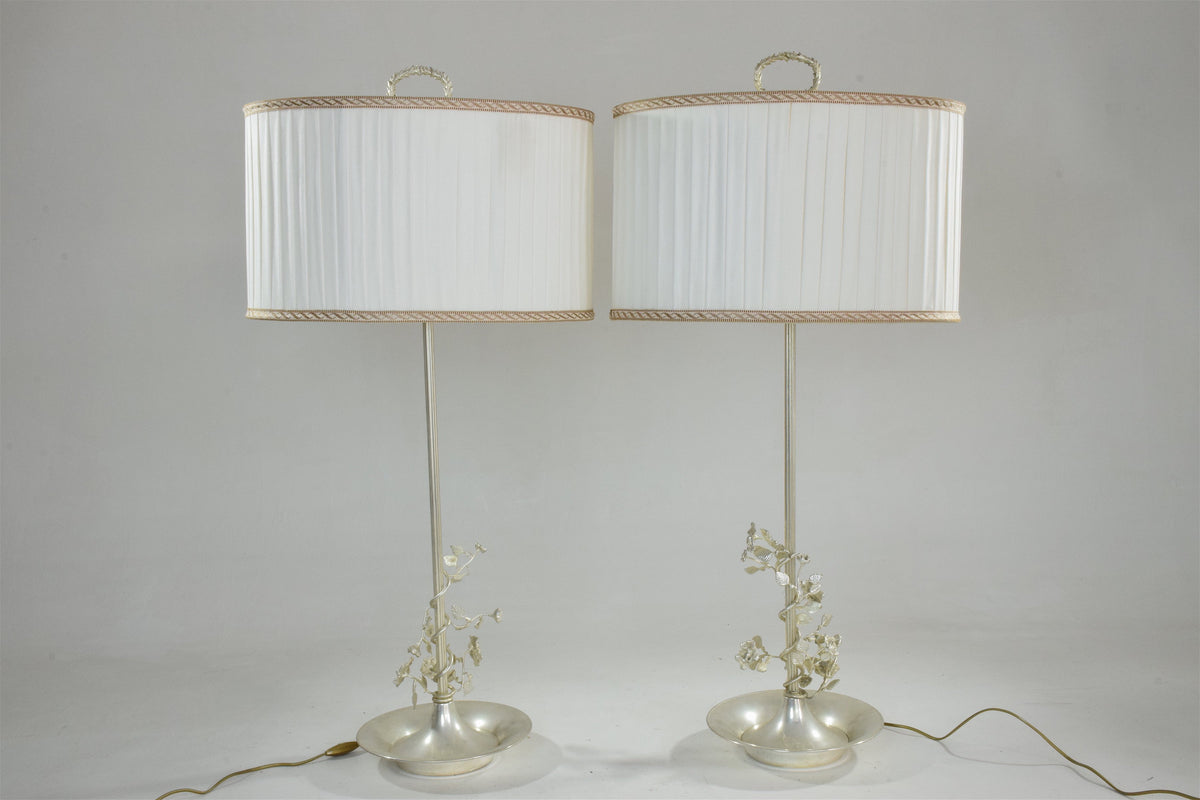 Pair of Silver Plated Flower Lamps, Spain, 1960s - Spirit Gallery 