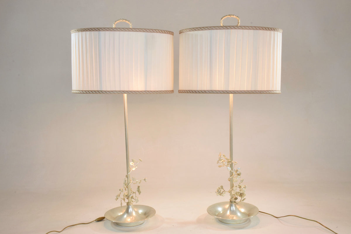 Pair of Silver Plated Flower Lamps, Spain, 1960s - Spirit Gallery 